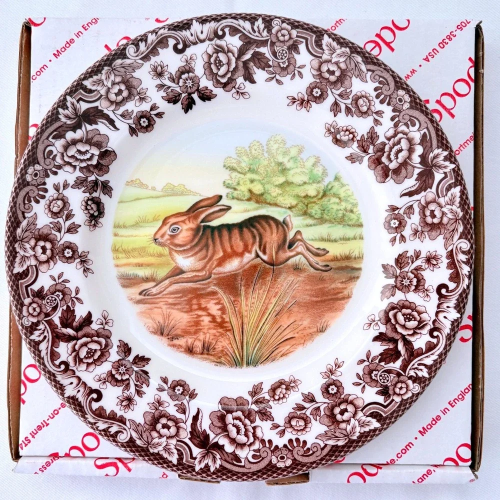 Spode Woodland Plate Rabbit Brown Floral Border Made in England S3422 with Box